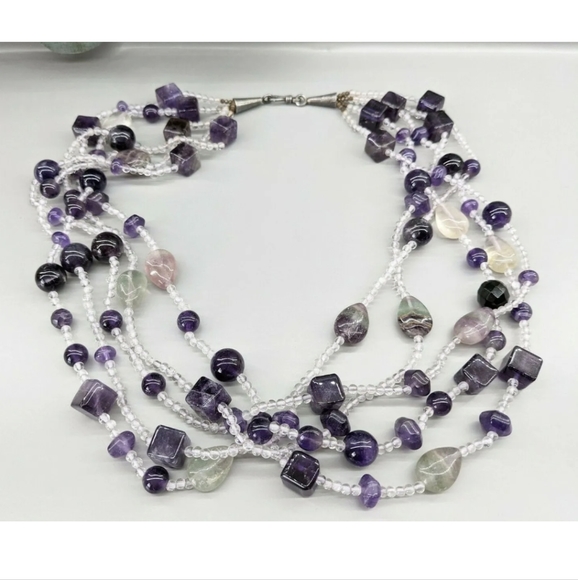 Amethyst 925 STERLING SILVER Cluster Multi Strand BIB Purple Necklace 18" TESTED - Picture 3 of 7